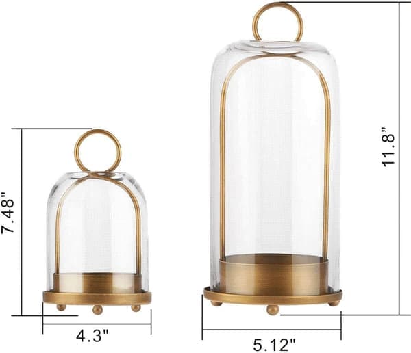 5\" & 4\" bred alsidig lysestage i antik messing med håndlavet tyk, tung og robust glaskuppel til bloklys, industriel moderne