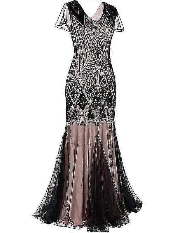 Dam Vintage Paljetter Fransig Lång Gatsby Flapperklänning Black Pink XL