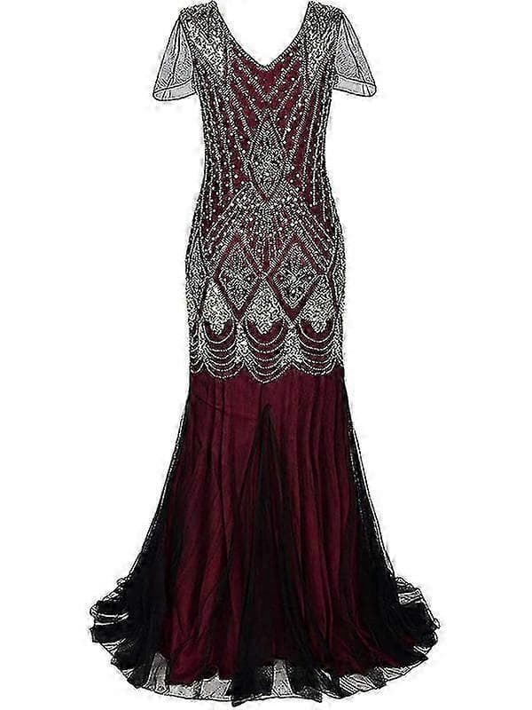 Dam Vintage Paljetter Fransig Lång Gatsby Flapperklänning Red Gold M
