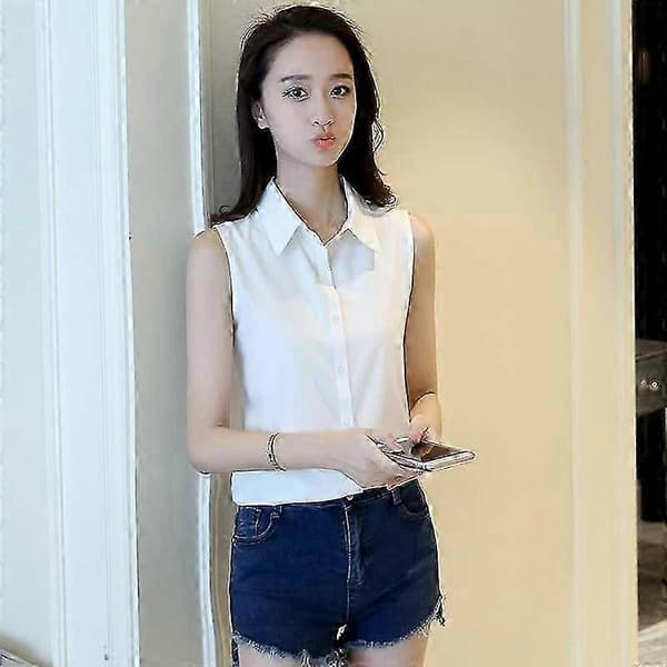 Ærmeløs, tætsiddende hvid bluse til kvinder forår/sommer ny multifunktionel White.pointed.collar1 S.75.90.catties