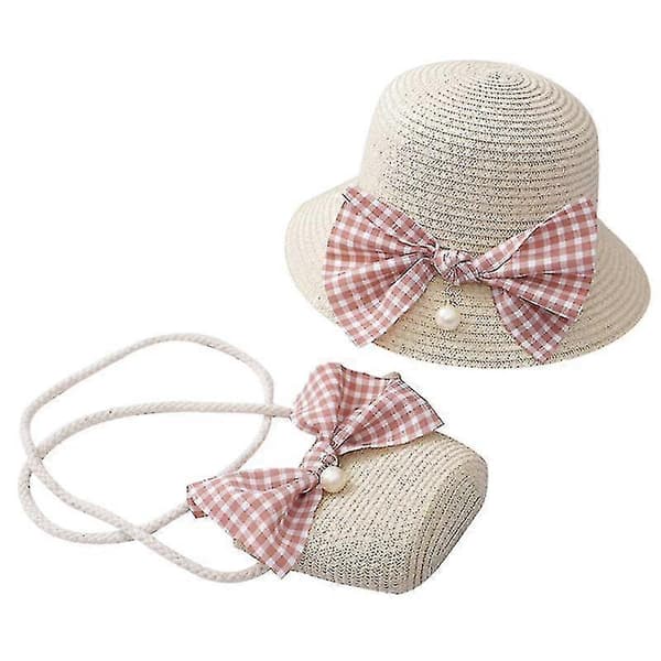 1 set vacker strandstråhatt med attraktiv liten väska bärbar barnstrandhatt snygg design (beige)