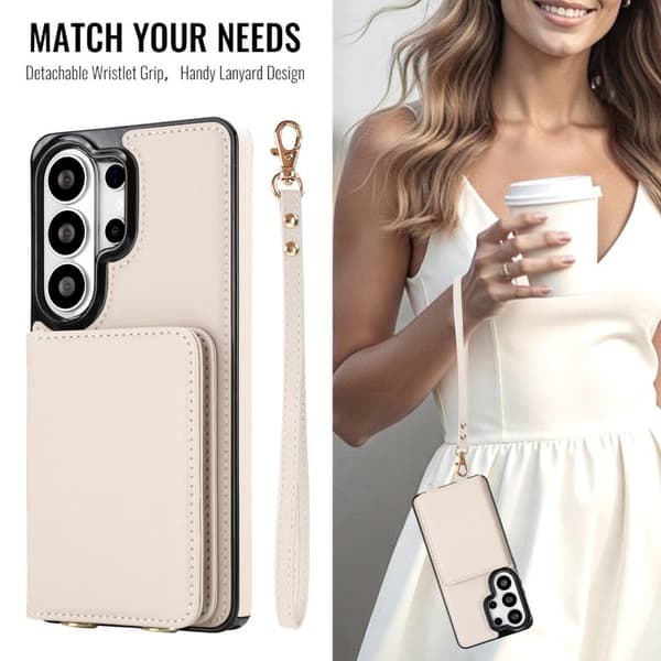 【03】Samsung Galaxy S26 Ultra 5G Case with Crossbody Dual Buckle, RFID Protected Leather Wallet Vit
