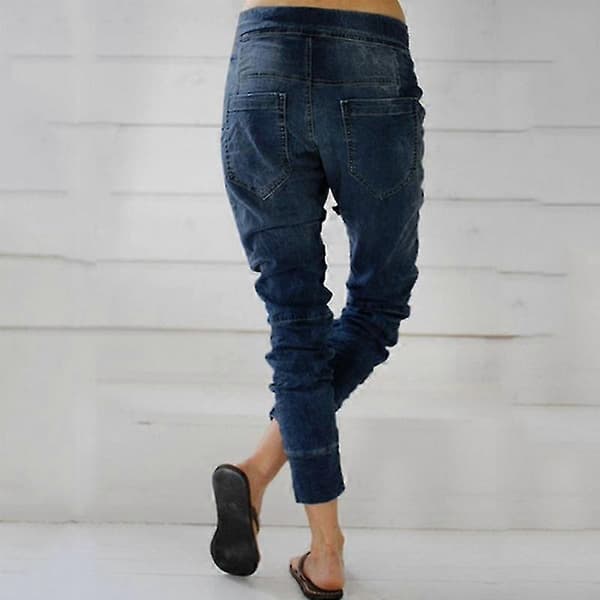 Kvinder Elastisk Talje Drop Crotch Jeans Harem Bukser Snøre Denim Lange Bukser Tummansininen M