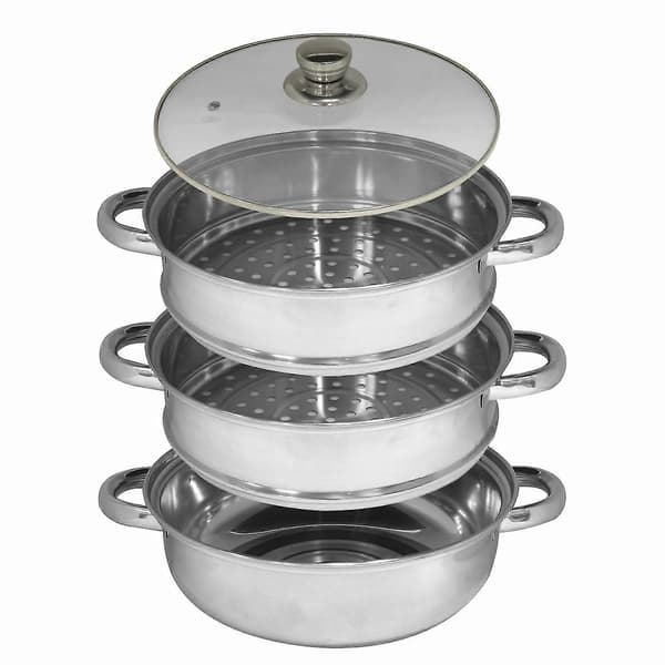 【03】3-lags dampkoger i rustfrit stål, 25 cm gryde med glaslåg