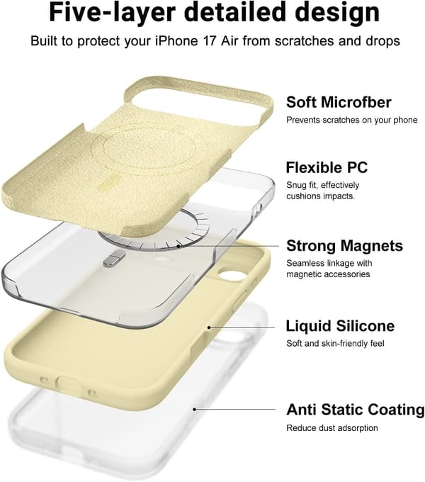 【03】Slim MagSafe Compatible Case for iPhone 17 Air - Yellow, Liquid Silicone Protection iPhone 17 Air iPhone 17 Air jaune