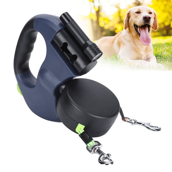 Dobbelt hundesnor med rullefunktion og refleks samt 360° rotation og LED-lommelygte