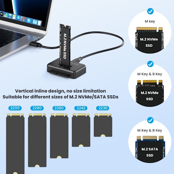 USB til NVMe/Adapter Harddisk Læser Disk Konverter Strømadapter Dataoverførsel, M.2 NVMe/SATA SSD kortlæser