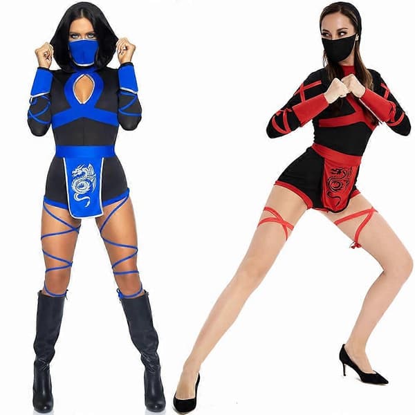 Halloween Dragon Ninja Cosplay Jumpsuit Dam Samurai Kostym Röd Och Blå Red M