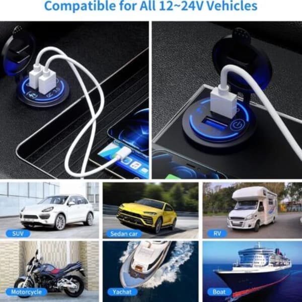 Dobbelt USB 3.0-oplader, 12V/24V vandtæt USB-stik med touch-kontakt til bil, båd, autocamper, blå