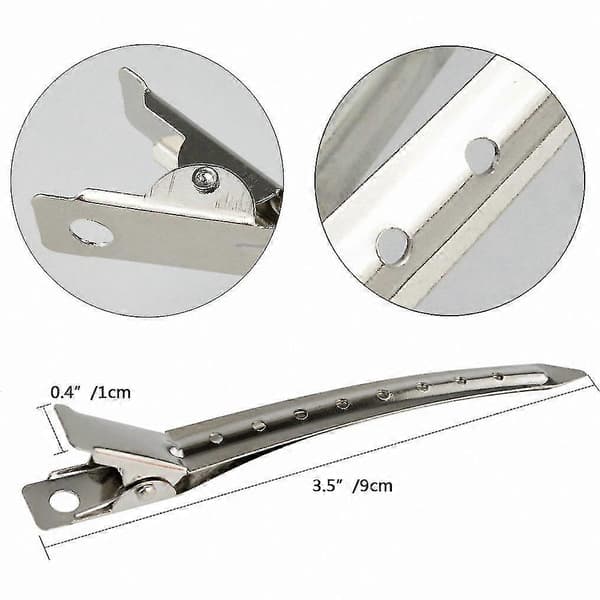 24-pak metal krokodilleklemmer, 8,5 cm rustfri med hul til hårstyling og farvning, sølv