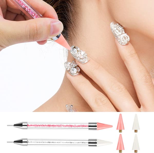 【03】Rhinestone Applicator with 2 Acrylic Handles, Double Head, DIY Nail Art Tool with 4 Extra Wax Tips and 1 Tweezer