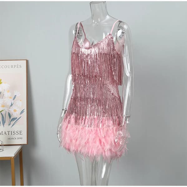 【03】Sequin Fringe Feather Dress with Spaghetti Straps white white S