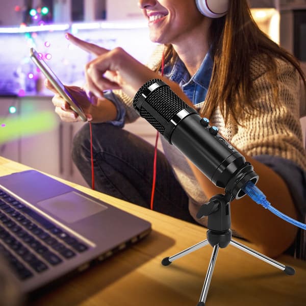 Kondensatormikrofon Stabilt USB-bordstativ MIC Høj følsomhed Justerbar vinkel til PC Sort