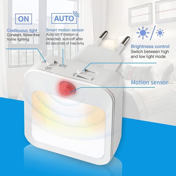Sæt med to plug-in, tofarvede LED-natlamper med bevægelsessensor, ideelle til soveværelser og badeværelser