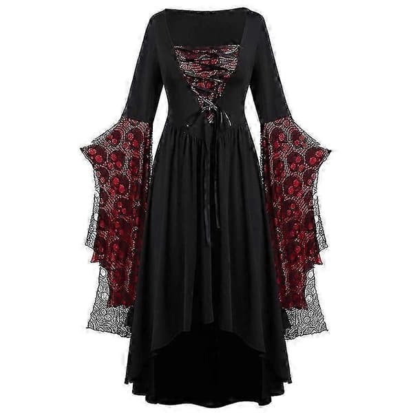 Gotisk Halloweenklänning för damer, lös fest, lång maxiklänning med hög låg fåll Wine Red 4XL
