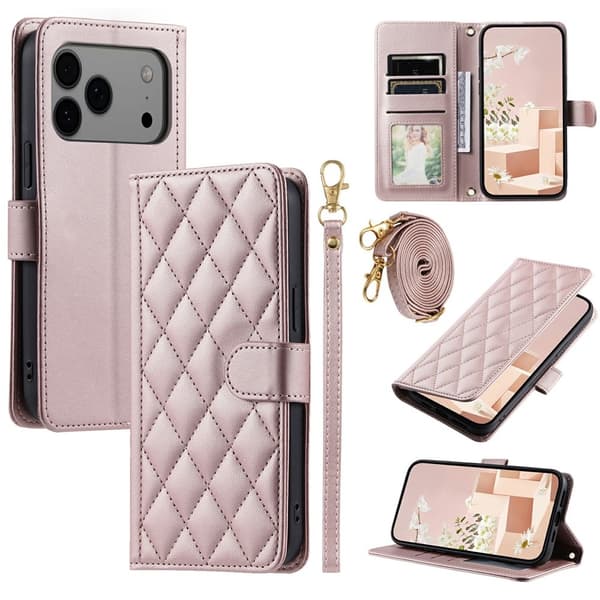 【03】SKALO iPhone 17 Pro Quilted Shoulder Strap Wallet Case - Rose Rosa guld Rosa guld pink