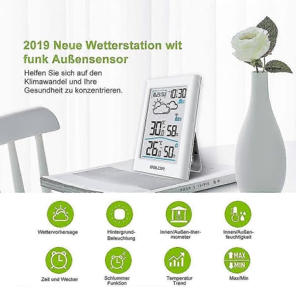 Trådløs vejrstation med udendørssensor, digitalt termometer, indendørs og udendørs hygrometer, termometer