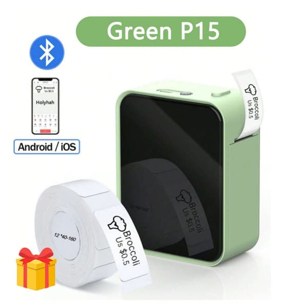 P15 Etikettskrivare, Bärbar Bluetooth-etikettskrivare, grön