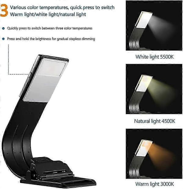 (Musta) USB LED-lukulamppu, 3-värinen lukulamppu