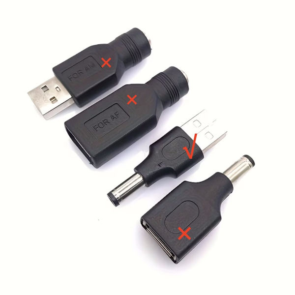 5 kpl USB-5.5*2.1mm-virtasovittimia, USB 2.0 uros-5.5*2.1mm urossovittimia.