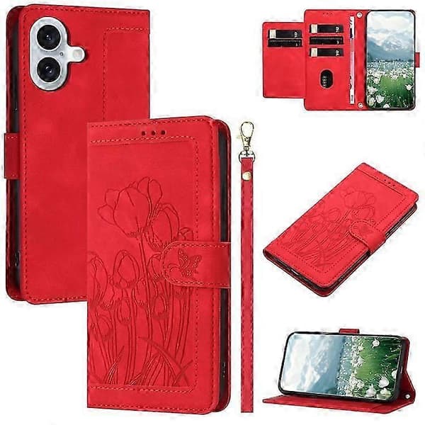 Kompatibel med iPhone 17 Cover Tulip Læder Telefoncover med 5 Kortpladser Pung Red