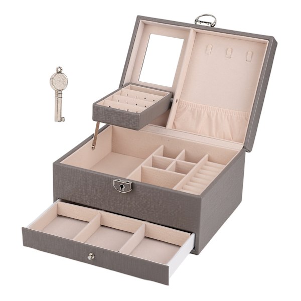Vandtæt smykkeopbevaringsboks til husholdningen PU læder smykkeskrin Dobbeltlags partition Stor kapacitet Ornament Organizer grå