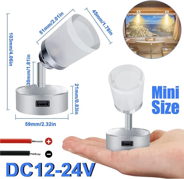 【03】12V LED læselampe med USB, 3W touch-afbryder vægspotlight, dæmpbar sengelampe til autocamper, båd, campingvogn CJY 12V LED Reading Light with USB