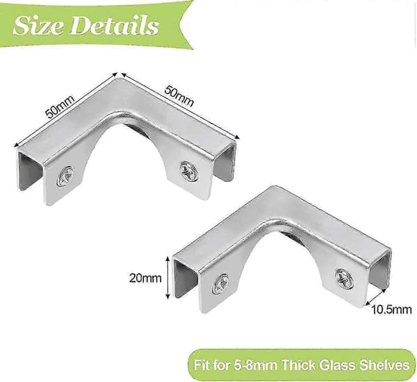 Glasklemme, 4 stk. L-formede glasforbindere i rustfrit stål, retvinklede klembefæstelser til 5-8 mm glas