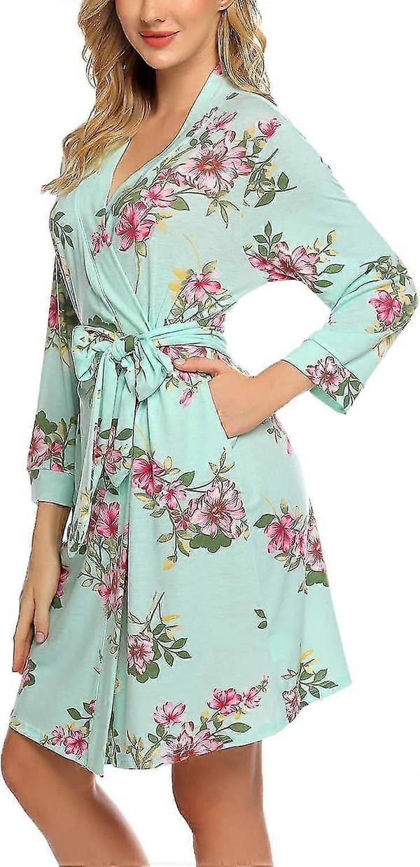 Dammorgon Lätt kimono Morgonrockar Kort stickad badrock Mjuka sovkläder Dammorgonkläder Mint Floral