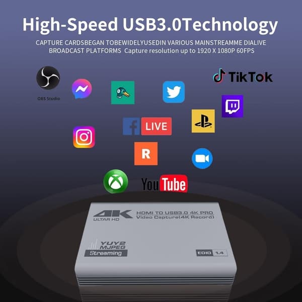 4K HDMI Video Capture Card, USB 3.0, Ljud- och videoströmningsenhet för PS5, Switch, Kamera, PC, Kompatibel med OBS