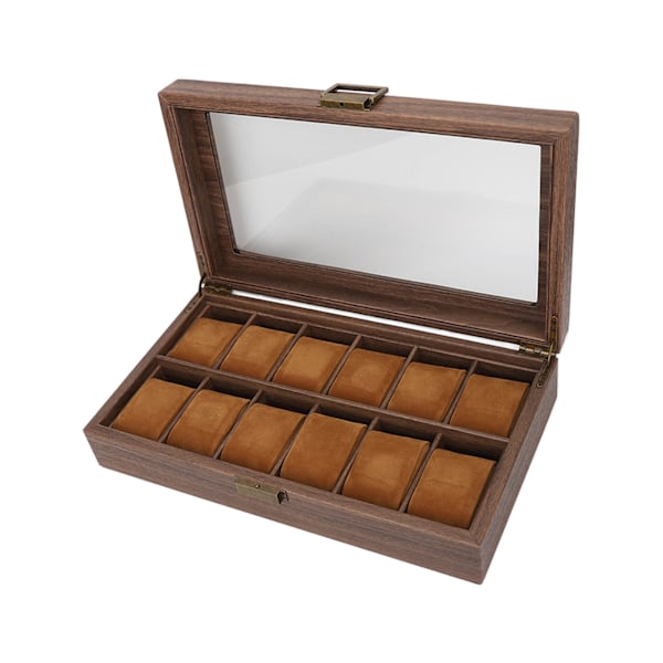 Klockbox Organizer 12 Fack Trämönstrad Lyxig Förvaringslåda Ultra Slät PU Läder Interiör