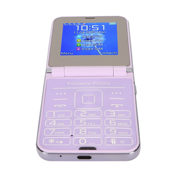 Flip 2G Telefon 2.6in Senior Mobiltelefon 2 Skärmar 1.3MP 4 SIM-kort Standby Stor Knapp Stora Siffror Högt Ljud Grundläggande Telefon för Äldre Lila