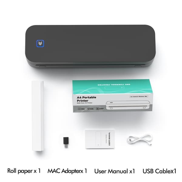 A4 Mini Bærbar Termoprinter - Bluetooth & USB-C, Blækfri Udskrivning, Kompatibel med Smartphones og Computere, D80, sort