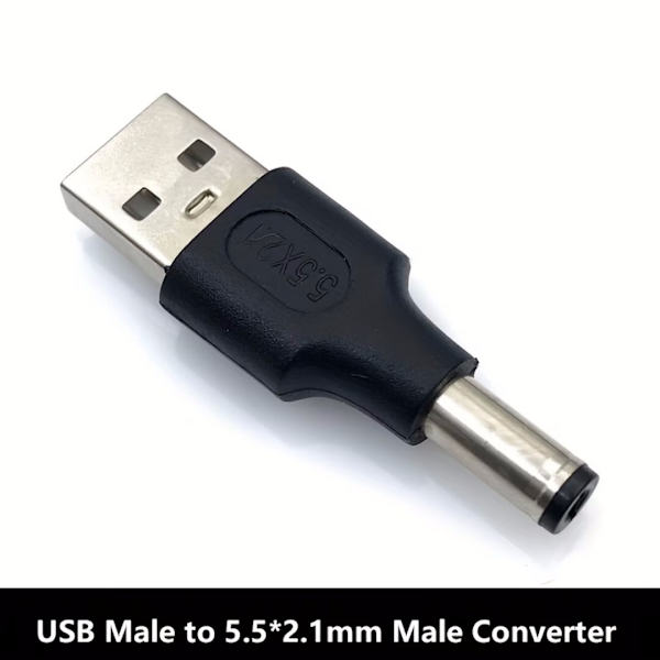 5 stk. USB til 5.5*2.1mm strømadaptere, USB 2.0 han til 5.5*2.1mm han adaptere.