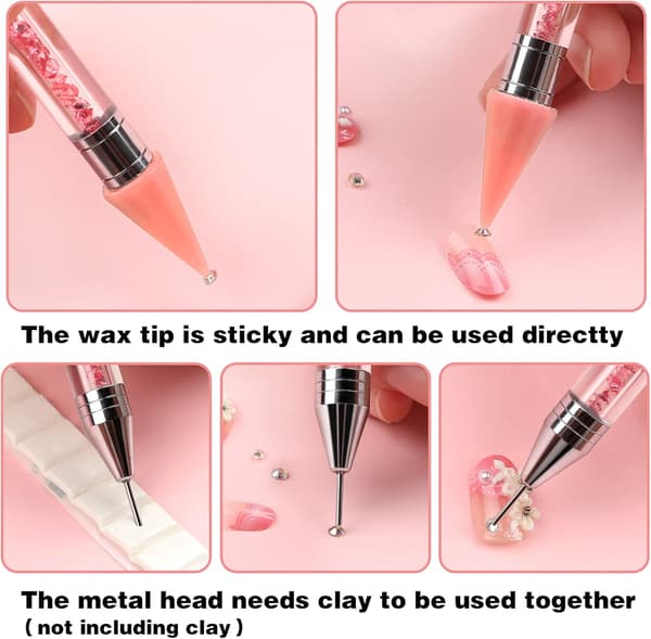 【03】Rhinestone Applicator with 2 Acrylic Handles, Double Head, DIY Nail Art Tool with 4 Extra Wax Tips and 1 Tweezer