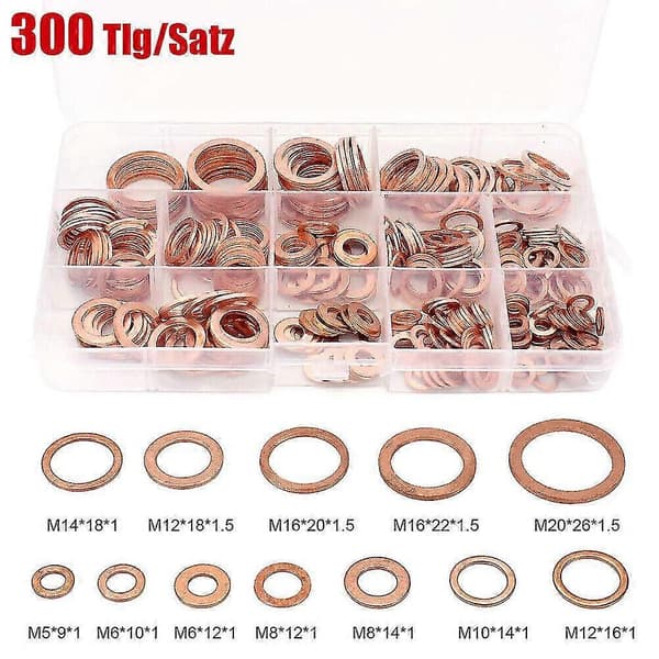 300x Kupferrin Dichtring Sornt Set Kupfer Dichtunn Lablaschrauben Box