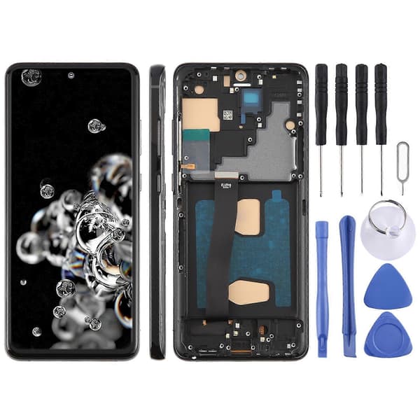 【03】För Samsung Galaxy S20 Ultra SM-G988B 6,78 tum TFT LCD-skärm Digitizer Komplett Montering med Ram, Stöder Inte Fingeravtrycksidentifiering Black
