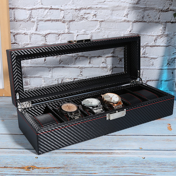 Urkasse med seks rum PU læder ur opbevaringsboks sort display smykker armbåndsur organizer