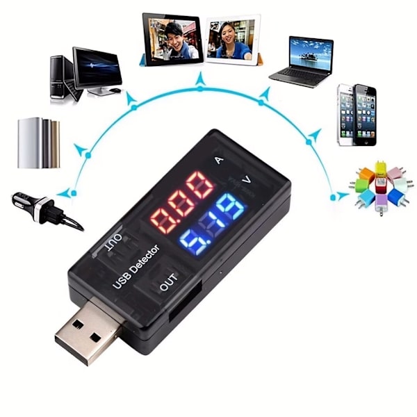 1 st USB-laddardetektor, dubbel digital display strömspänningstester, kompositmaterial, USB-strömläge