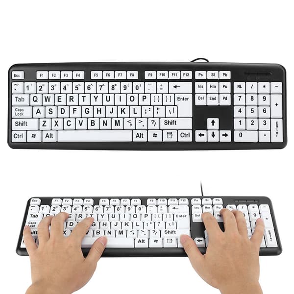 Sort Lavsynstastatur USB Kablet Tastatur til Ældre med Hvide Store Taster Sort