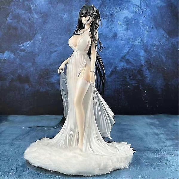Anime Action Figur Model Statue Langt Sort Hår, Lyserøde Øjne, Hvid Gulvlang Kjole med Ædelstenshalskæde, Pendul