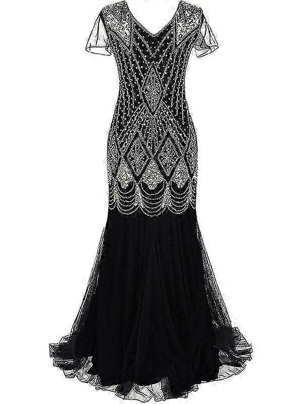Dam Vintage Paljetter Fransig Lång Gatsby Flapperklänning Apricot S