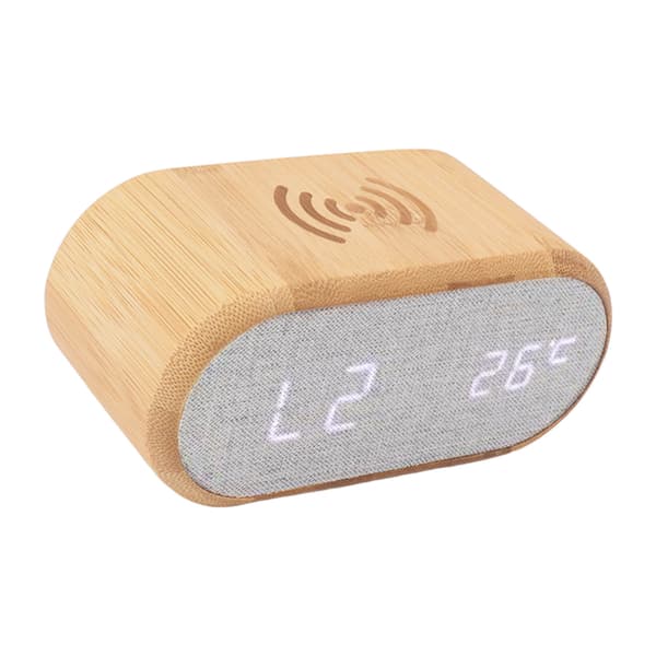 Väckarklocka i trä USB Trådlös laddning Trä LED Digital Display Ljudkontroll för sovrum Multifunktionell gåva