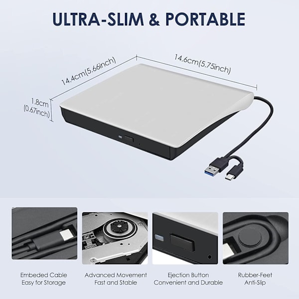 USB 3.0 eksternt DVD-drev til tilslutning til en computer/bærbar/CD-brænder/eksternt Type-C bærbart optisk drev.