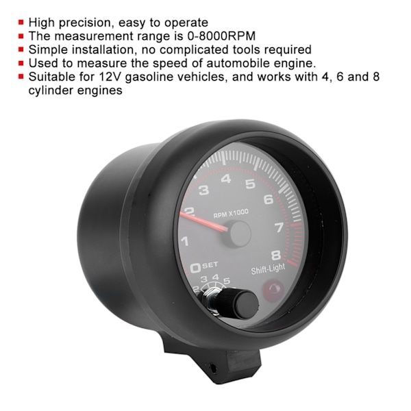 3.75in Sort Racing Bil Omdrejningstæller 0‑8000 RPM 12V Universal Bilmåler
