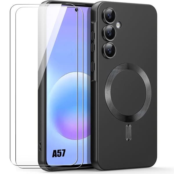 【03】Beskyttelse til Samsung Galaxy A57 5G, flydende silikone med magnetisk ring - Sort - 2 hærdede glas Svart