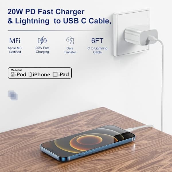 【03】2-pak iPhone-oplader - Hurtigoplader - Adapter + 2-meter kabel 20W Lightning Hvid 2-pak iPhone (NT) 2-pak 2-Pack Lightning