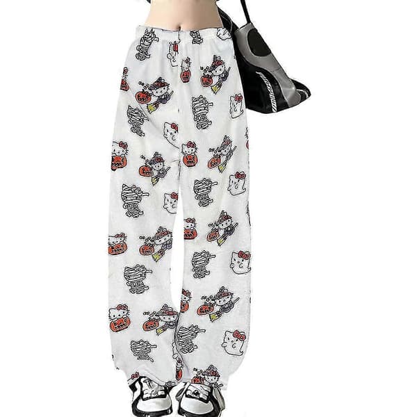 Hello Kitty flannelpyjamas til kvinder, hyggelige bløde hjemmebukser, varmt nattøj Witch M
