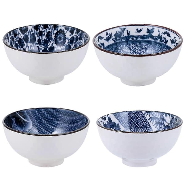 Retro blå och vit keramikskålset, traditionell kinesisk design, 4 delar för matservering