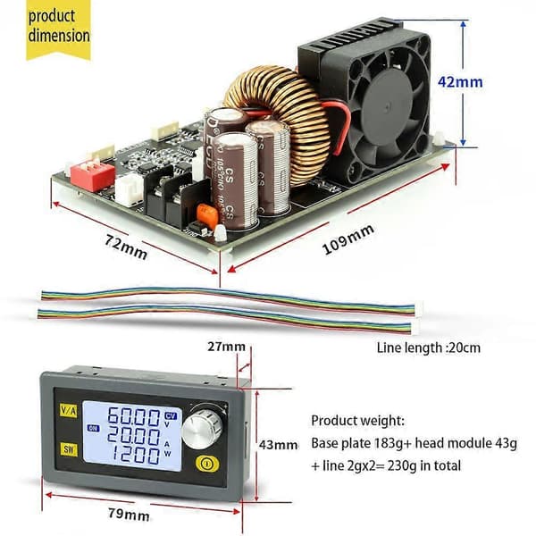 【03】20A 1200W CNC-virtalähde - 6-70V tulo, 0-60V lähtö, LCD-näyttö, MODBUS-protokolla